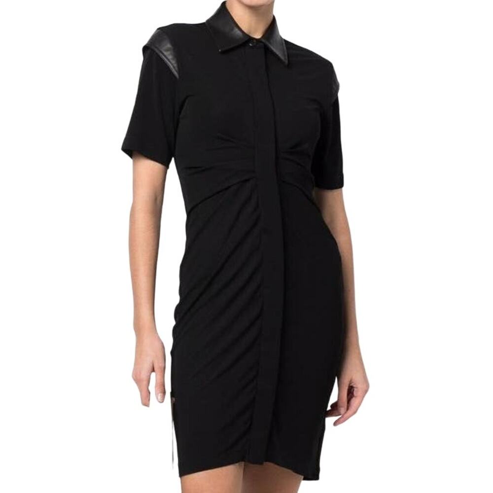 Helmut Lang NWT Pleated Leather Trimmed Cady Mini Dress Black Size M Collar